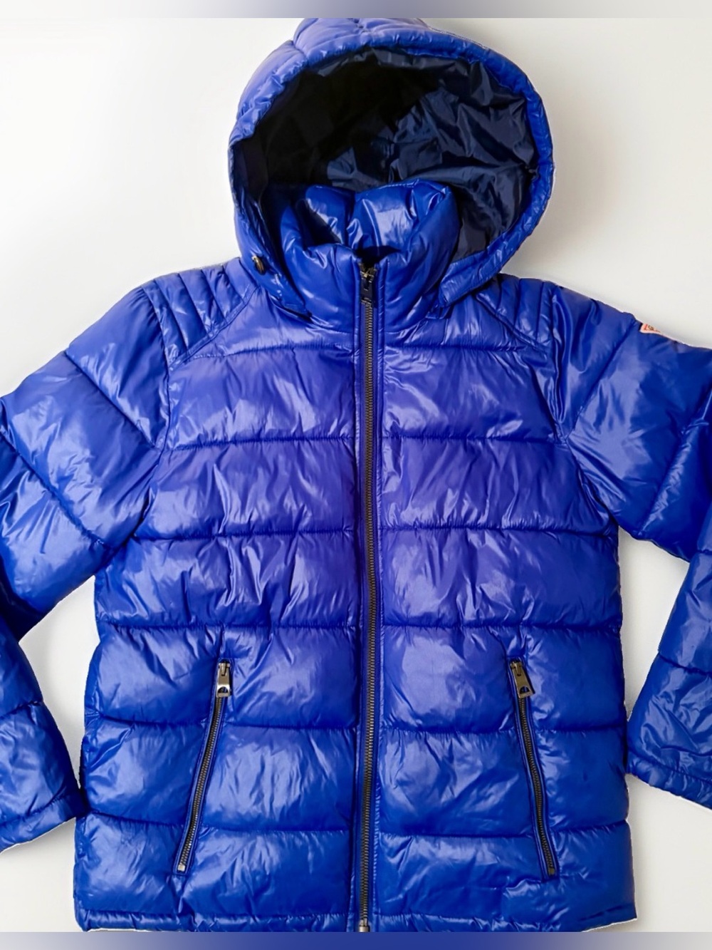 GUESS Women’s Blue Quilted Puffer Jacket Hooded Full Zip Pockets Insulated Sz M